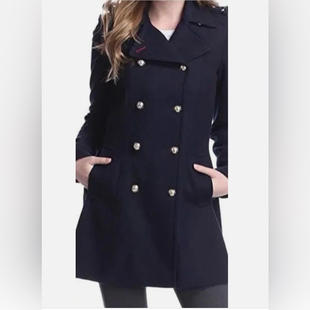 Tommy Hilfiger  Military Fitted Style Black Wool Blend Button Trench Coat
